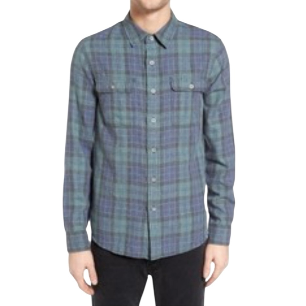 Current/Elliott Forest Green & Blue Plaid Button Down Long Sleeve Cierra Fit Top